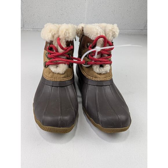 Sperry Kids Size 2 Saltwater Alpine Cozy Duck Boots Brown Cream Red Laces - Picture 2 of 6